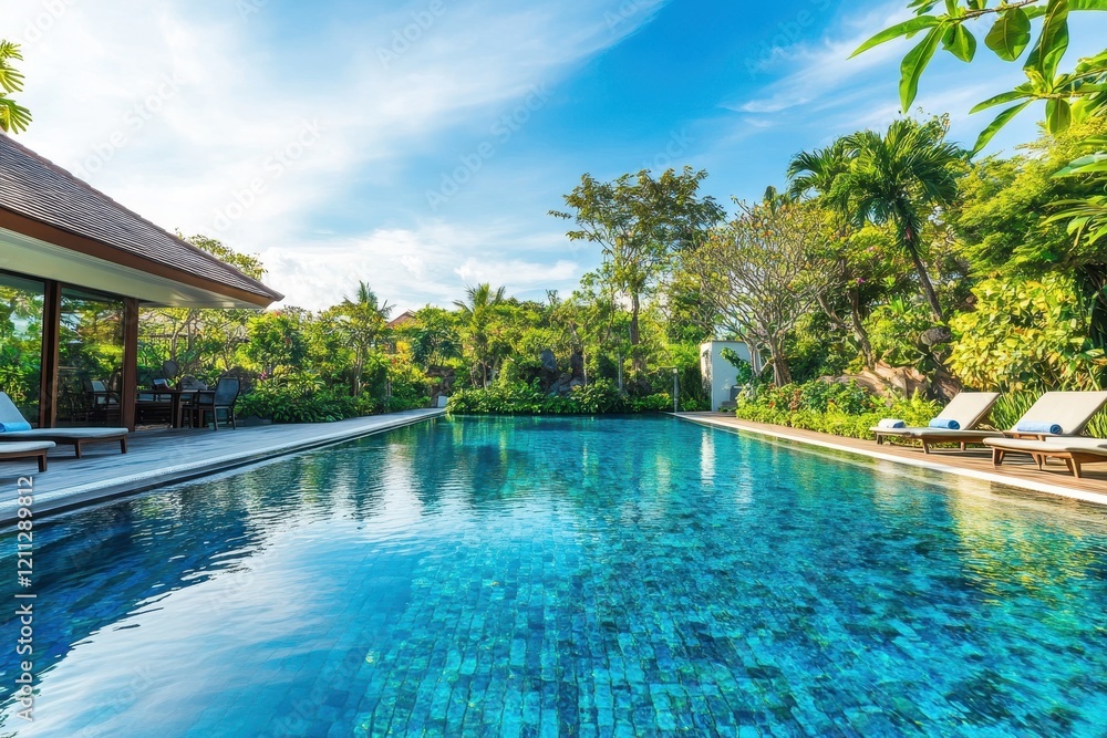 Obraz premium Serene Tropical Poolside Oasis with Lush Greenery and Bright Blue Sky Perfect for Relaxation and Leisure in a Modern Outdoor Setting