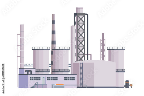 Oil Refinery Building Vector Illustration. Editable Chemical Factory Design with Modular Industrial Elements
