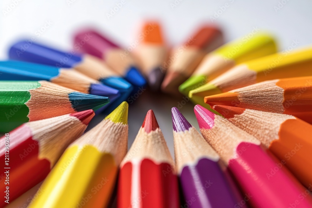 Close-up of colorful pencils arranged in a circle. Close-up of colorful pencils arranged in a circle.
