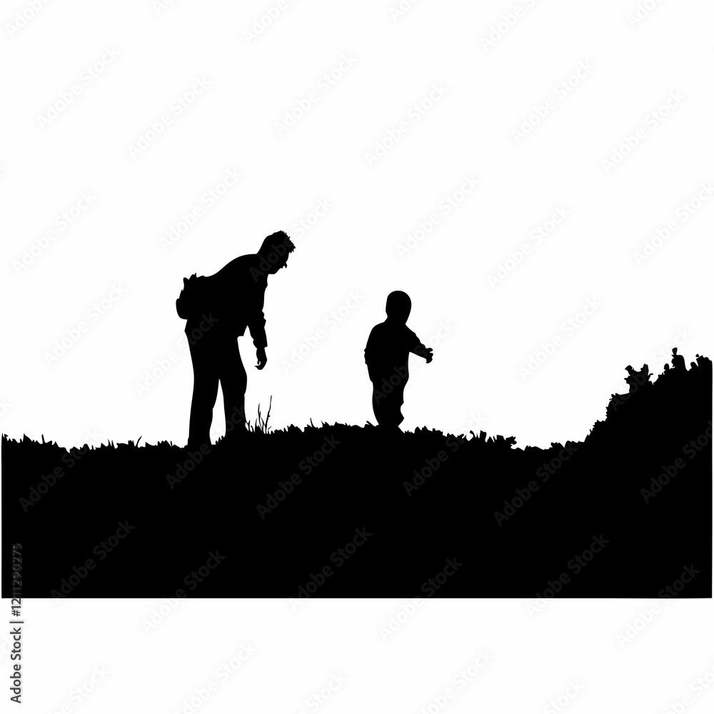 A man and a child are standing on a hill. The man is holding the child's hand A man and a child are standing on a hill. The man is holding the child's hand