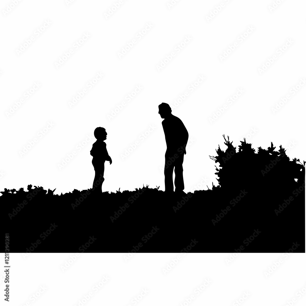 A man and a child are standing on a hill. The man is holding the child's hand A man and a child are standing on a hill. The man is holding the child's hand