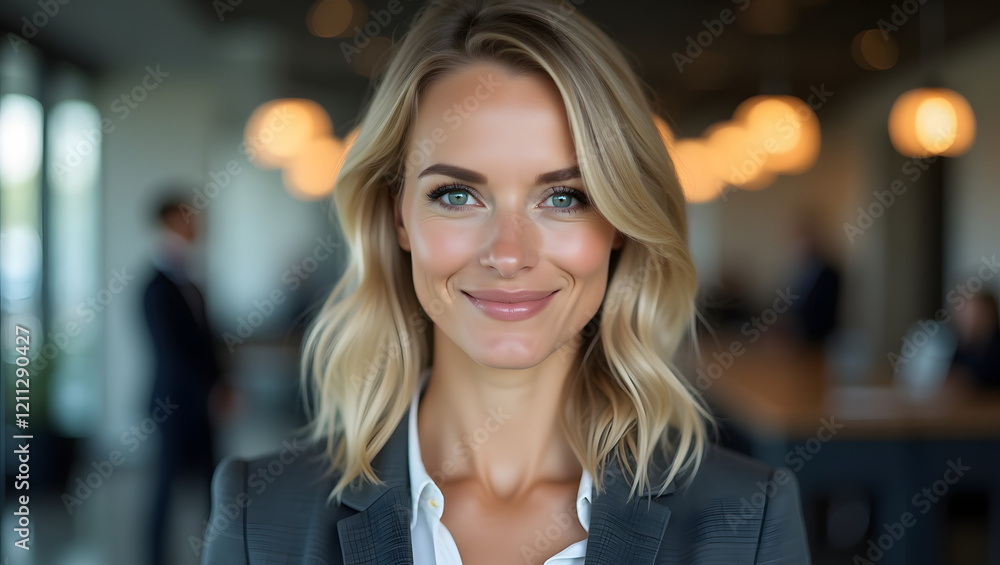 A professional woman with blonde hair and fair skin, captured in a close-up shot. She is wearing a sleek blazer and has a confident, poised expression. The background features a modern office A professional woman with blonde hair and fair skin, captured in a close-up shot. She is wearing a sleek blazer and has a confident, poised expression. The background features a modern office