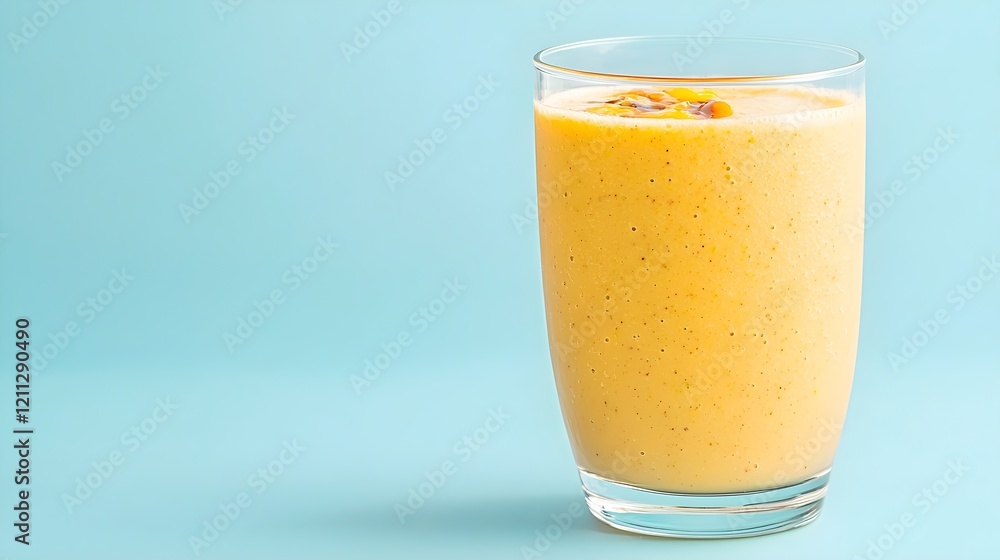 Refreshing Tropical Mango Smoothie in Clear Glass on Blue Background, Generative AI. Refreshing Tropical Mango Smoothie in Clear Glass on Blue Background, Generative AI.