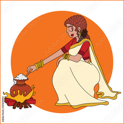Pongal Festival Celebration Illustration Celebrates the harvest festival of Pongal with a festive atmosphere.