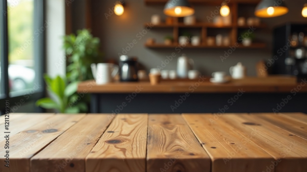 Rustic Wooden Tabletop with Blurred Background of a Cozy Cafe Interior Featuring Warm Lighting and Wooden Shelving Rustic Wooden Tabletop with Blurred Background of a Cozy Cafe Interior Featuring Warm Lighting and Wooden Shelving