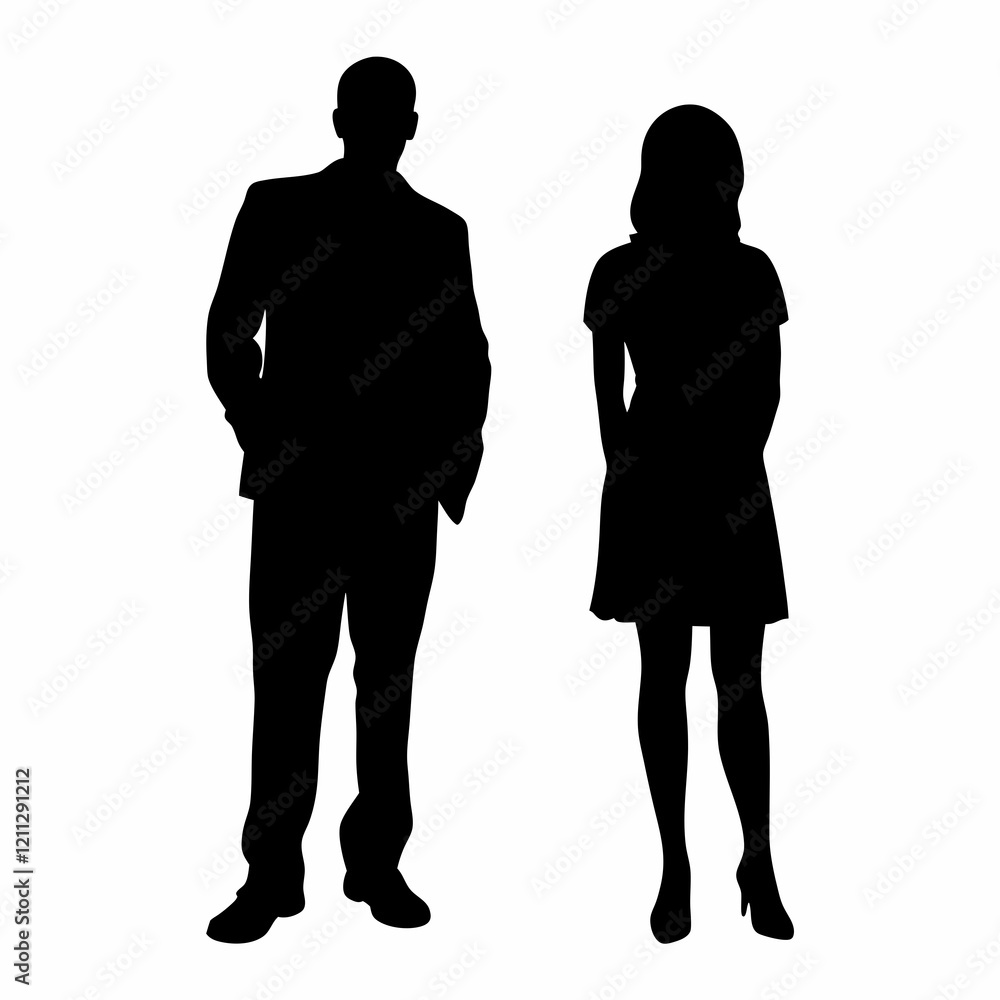 A man and a woman are walking together. The man is wearing a suit and the woman is wearing a dress