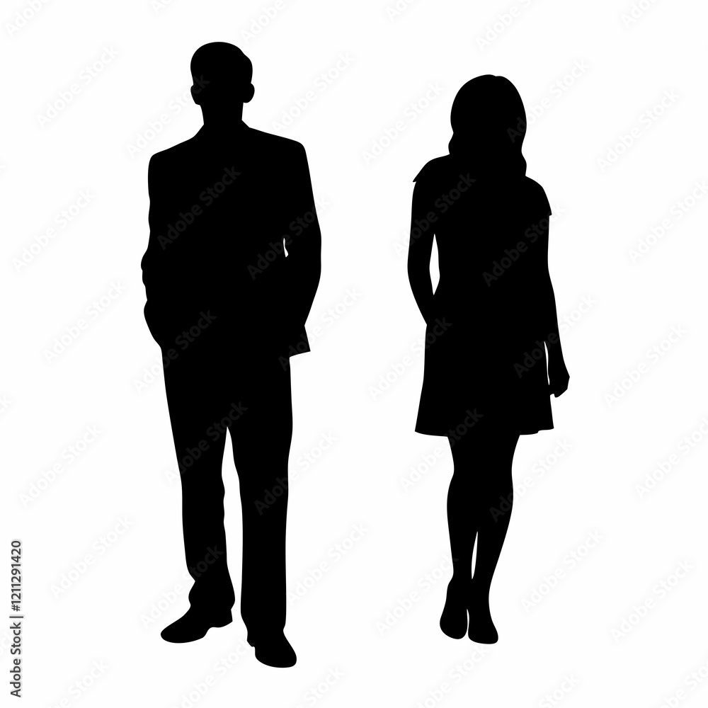 A man and a woman are walking together. The man is wearing a suit and the woman is wearing a dress A man and a woman are walking together. The man is wearing a suit and the woman is wearing a dress