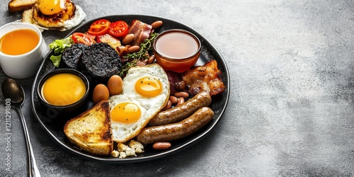 Food platter, rustic wooden board, fried eggs, sausages, bacon, baked beans, grilled tomatoes, mushrooms, toast, English breakfast, overhead view, morning meal, hearty cuisine, traditional British foo photo