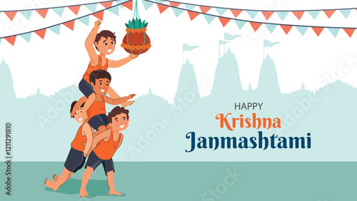 Dahi Handi celebration illustration with Lord Krishna for Krishna Janmashtami Includes Lord Krishna with a traditional setting during the Dahi Handi festival.