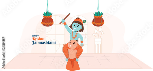 Dahi Handi celebration illustration for Krishna Janmashtami festival Depicts the vibrant and energetic celebrations of Dahi Handi with people forming human pyramids.