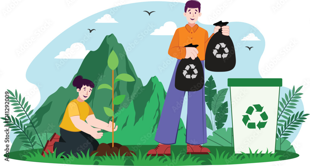 Naklejka premium Environmental Awareness and Recycling Illustration Highlights ecofriendly recycling practices and environmental consciousness.