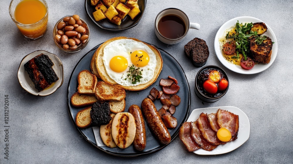 Food platter, rustic wooden board, fried eggs, sausages, bacon, baked beans, grilled tomatoes, mushrooms, toast, English breakfast, overhead view, morning meal, hearty cuisine, traditional British foo Food platter, rustic wooden board, fried eggs, sausages, bacon, baked beans, grilled tomatoes, mushrooms, toast, English breakfast, overhead view, morning meal, hearty cuisine, traditional British foo