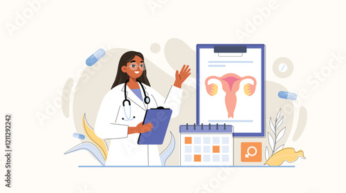 Female doctor illustration explaining uterus health to patient A female doctor educating a patient about uterus health in a medical consultation setting.