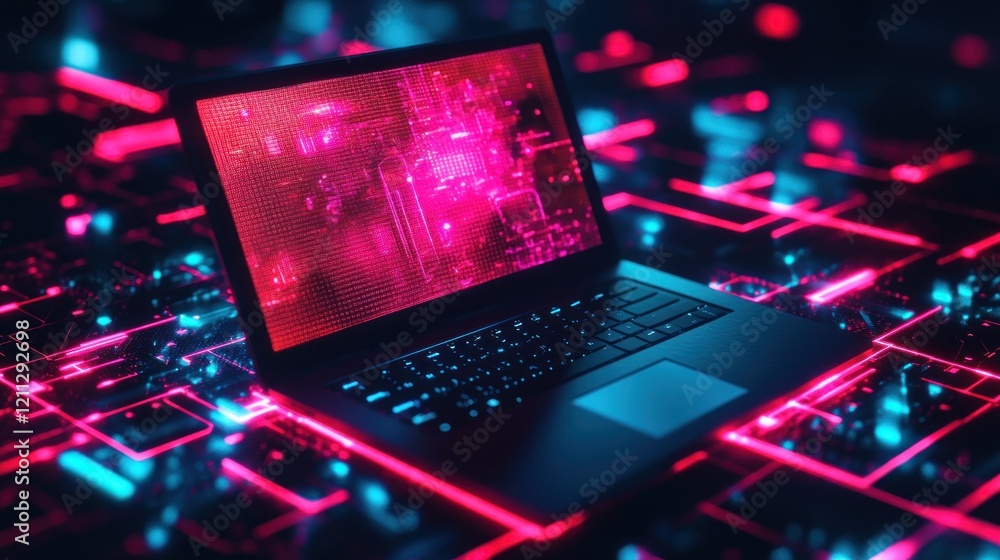 Neon Dreamscape: Cyberpunk Laptop on Futuristic Circuitry Neon Dreamscape: Cyberpunk Laptop on Futuristic Circuitry