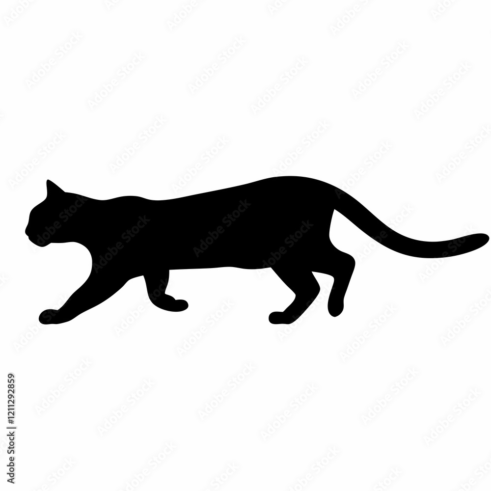 Obraz premium A black cat is walking on a white background. The cat is looking to the right