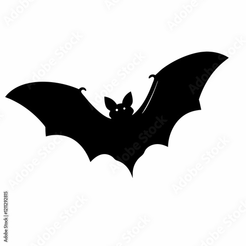 A black bat with its wings spread out. The bat is flying in the air