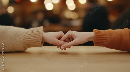 Wallpaper Mural Minimalist Human Connection Intimate Close-Up of Diverse Hands Touching Over Rustic Wooden Table in Cafe - Social Media Engagement and Emotional Branding Strategy Torontodigital.ca