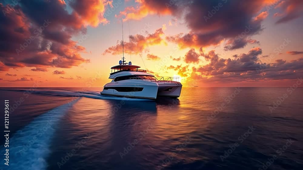 Catamaran Sunset: A sleek and modern catamaran cuts through the azure waters as the sun dips below the horizon, painting the sky with breathtaking hues of orange, pink, and purple. Catamaran Sunset: A sleek and modern catamaran cuts through the azure waters as the sun dips below the horizon, painting the sky with breathtaking hues of orange, pink, and purple.