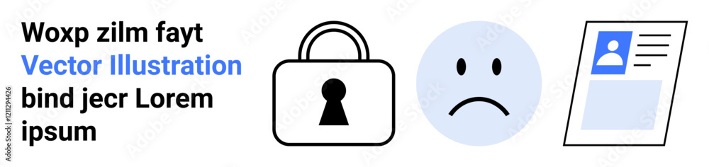 Lock icon, sad face, and ID card implying security and privacy concerns. Ideal for digital security, data protection, identity verification, user privacy, information safety, cybersecurity awareness Lock icon, sad face, and ID card implying security and privacy concerns. Ideal for digital security, data protection, identity verification, user privacy, information safety, cybersecurity awareness