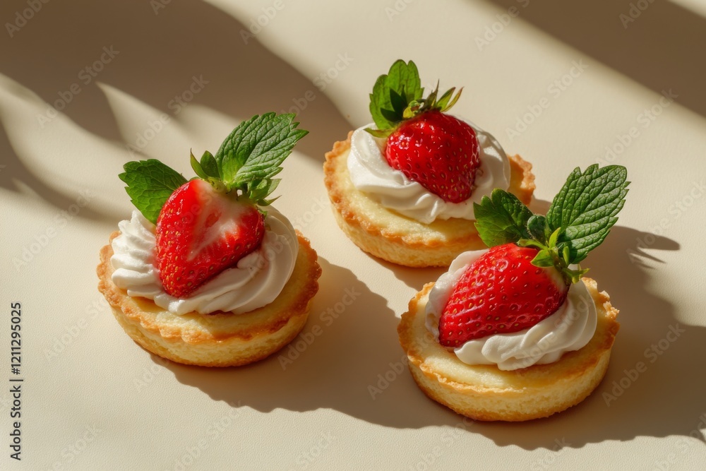 strawberry tarts with mint leaves on minimalist beige background strawberry tarts with mint leaves on minimalist beige background
