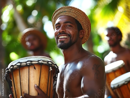 Enthusiastic Drummer in Traditional Hat with Fellow Musicians and Drums in Background photo