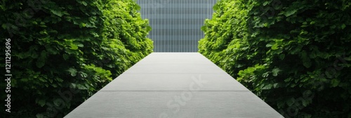 Urban Green Walkways Lush Tree Canopies over Concrete Path to Glass Towers Sustainable Cityscapes for Eco-Friendly Urban Planning and Development photo