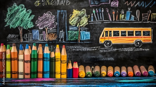Colorful crayons arranged before a childs school bus drawing
