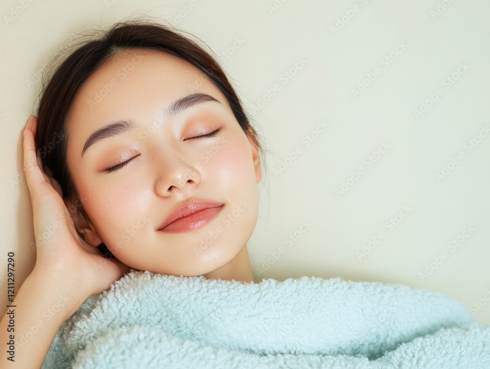 Tranquil Modern Workplace Asian Woman, 25, Relaxing on Beige Couch with Soft Blue Blanket - Sleep Health, Serenity and Wellness in Professional Environments Tranquil Modern Workplace Asian Woman, 25, Relaxing on Beige Couch with Soft Blue Blanket - Sleep Health, Serenity and Wellness in Professional Environments