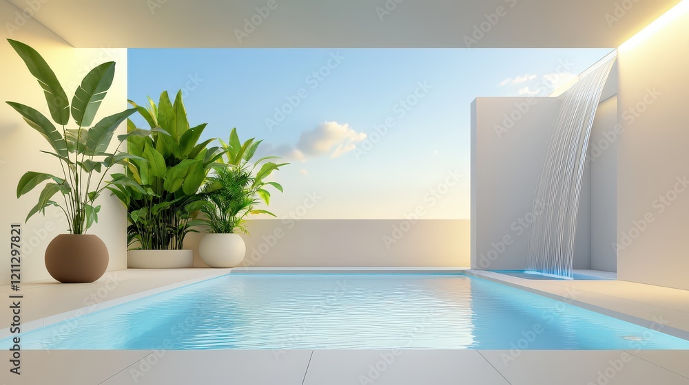 Fototapeta premium A minimalist pool design featuring a waterfall edge, surrounded by tall greenery for privacy and tranquility.