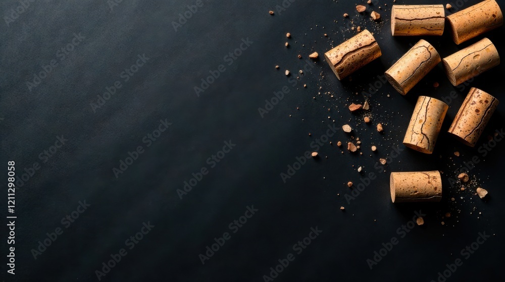 Dark Background with Scattered Wine Corks and Crumbs, Ideal for Advertisement or Festive Designs Dark Background with Scattered Wine Corks and Crumbs, Ideal for Advertisement or Festive Designs