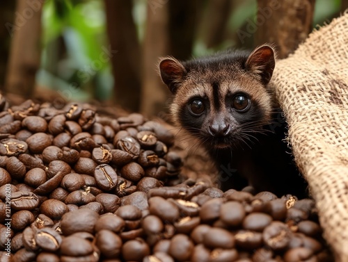 Close-up of Civet cat and coffee beans peering out from burlap sack photo