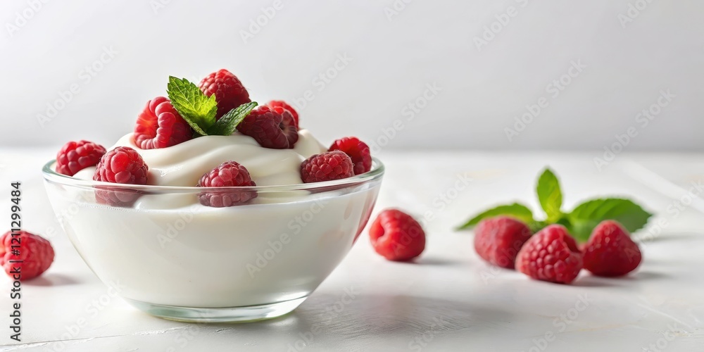 Creamy Yogurt Parfait with Fresh Raspberries and Mint Garnish in Glass Bowl Creamy Yogurt Parfait with Fresh Raspberries and Mint Garnish in Glass Bowl