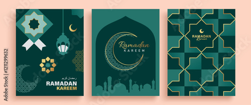 Set of Ramadan Kareem banner, poster, greeting card, cover design with mosque, crescent moon, lantern and typography in flat geometric style.