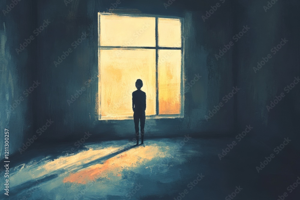 A creative depiction of a person standing in an empty room, looking out a window with a distant gaze A creative depiction of a person standing in an empty room, looking out a window with a distant gaze