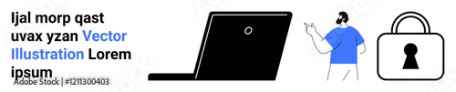 Man gesturing towards a laptop and lock illustration. Ideal for cybersecurity, online safety, tech support, digital privacy, virtual presentations, IT training, educational content. Landing page