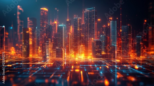Abstract futuristic cityscape with neon accents and high-tech elements