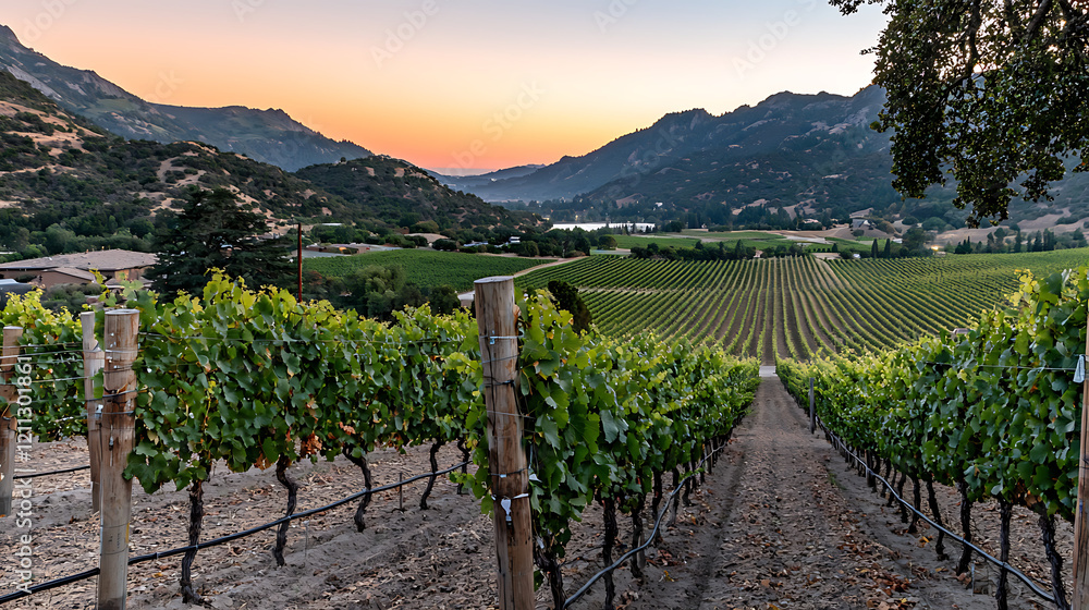 Fototapeta premium A vineyard with a beautiful sunset in the background. generated using AI