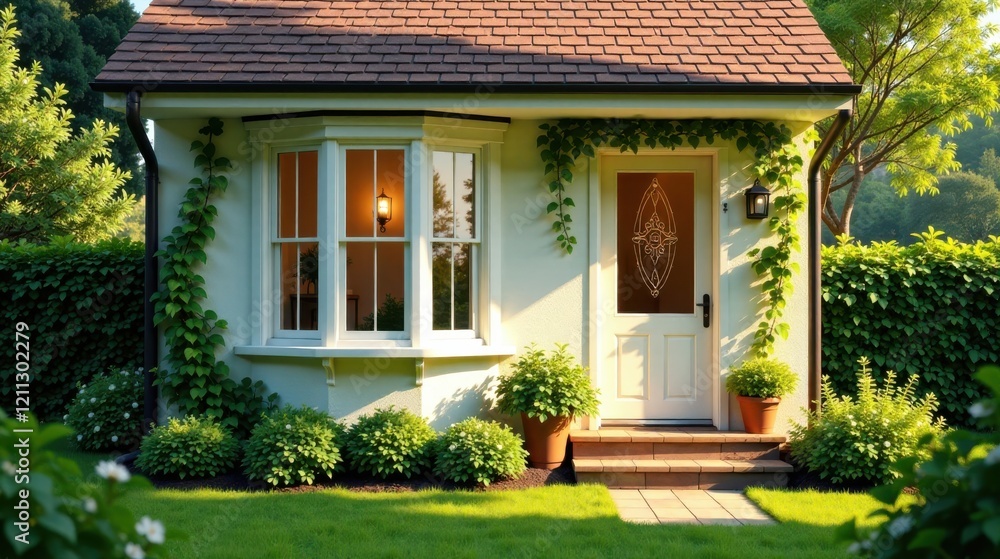Fototapeta premium Charming Cottage with Bay Window and Ivy-Covered Walls, Basking in Sunlight