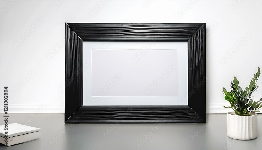 Empty black frame on a table with a plant. Empty black frame on a table with a plant.