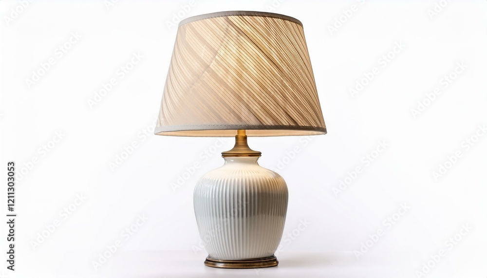 Elegant table lamp with a ribbed ceramic base and a beige fabric shade. Elegant table lamp with a ribbed ceramic base and a beige fabric shade.