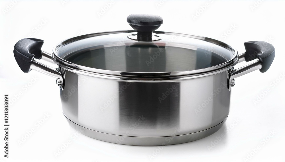 Shiny stainless steel pot with a glass lid, perfect for cooking. Shiny stainless steel pot with a glass lid, perfect for cooking.