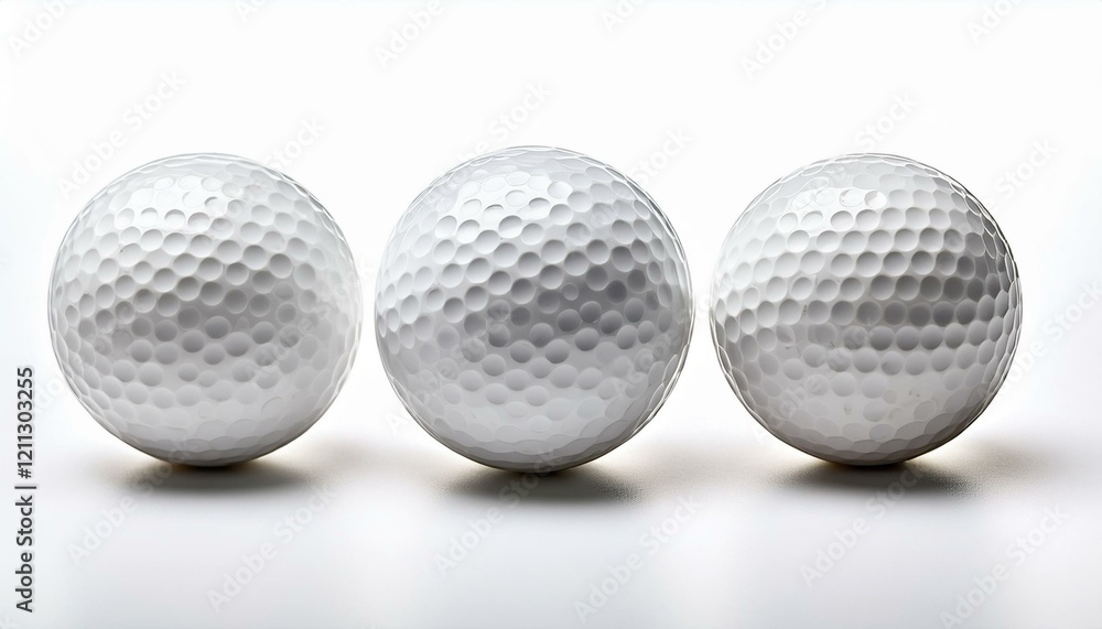 Three white golf balls in a row against a white background. Three white golf balls in a row against a white background.