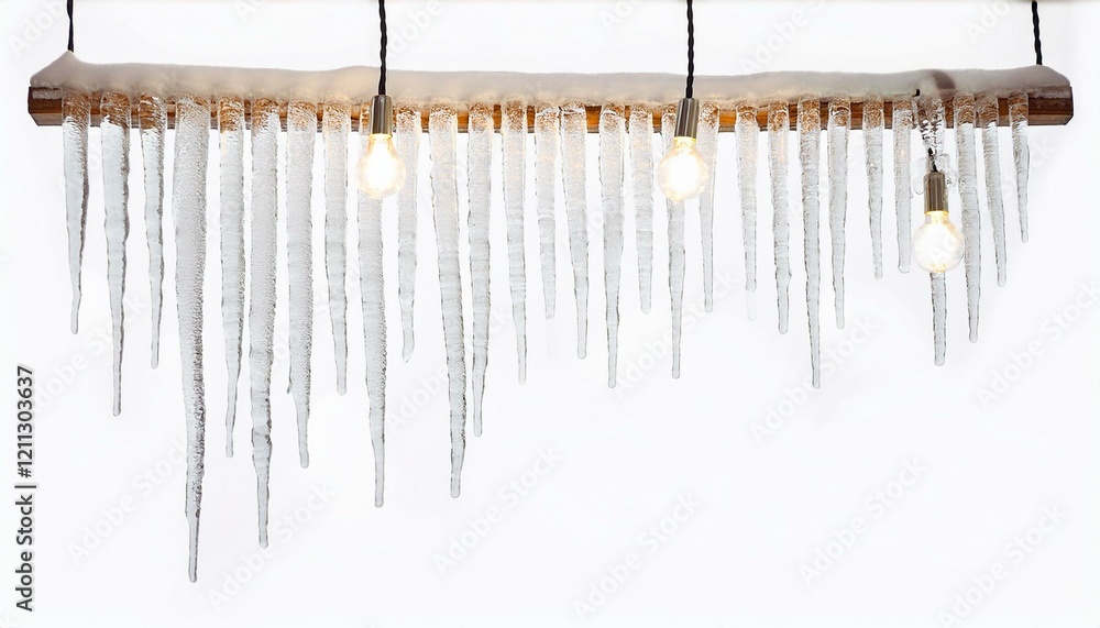 Icicles hang from a wooden beam with warm lights illuminating the scene. Icicles hang from a wooden beam with warm lights illuminating the scene.