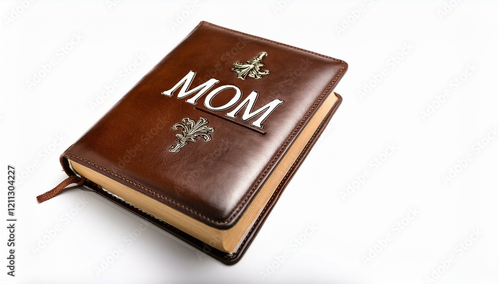 Brown leather book with 'MOM' embossed, perfect Mother's Day gift. Brown leather book with 'MOM' embossed, perfect Mother's Day gift.
