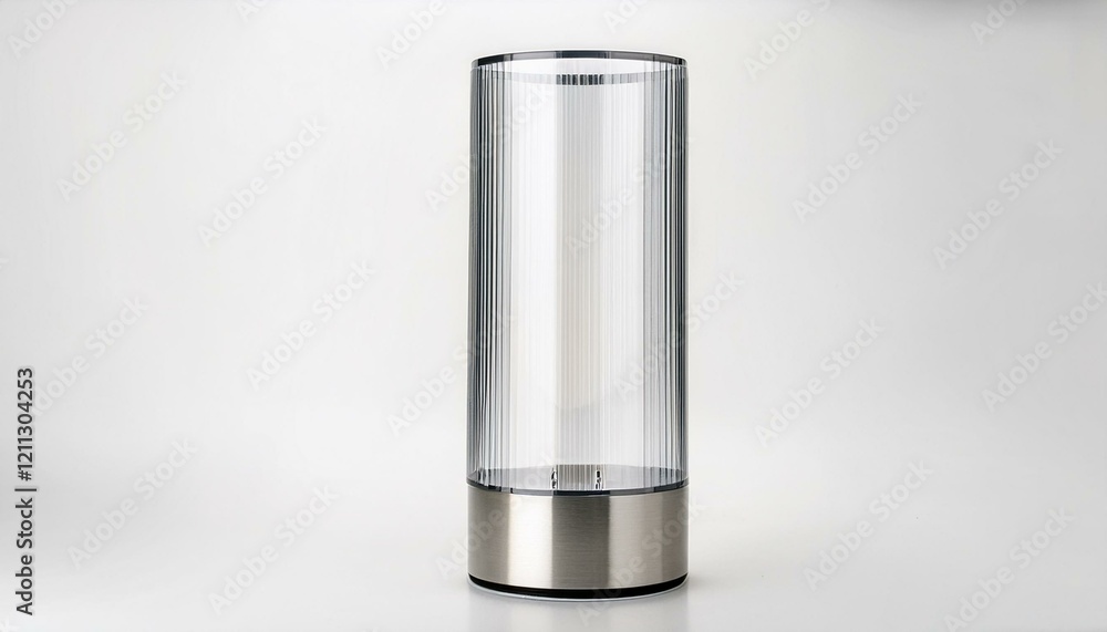 Sleek modern table lamp with a clear ribbed glass shade and a brushed metal base. Sleek modern table lamp with a clear ribbed glass shade and a brushed metal base.