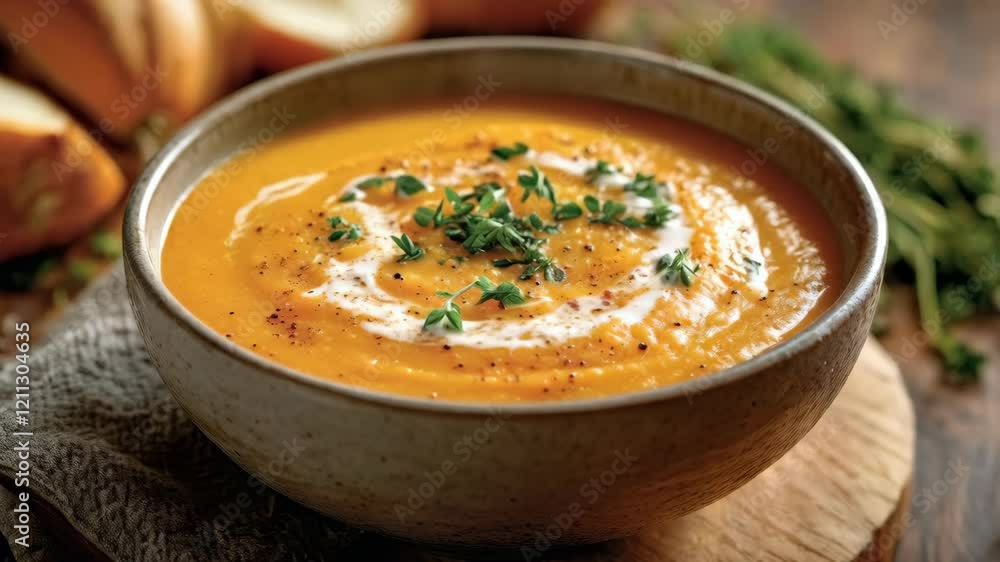 Creamy carrot soup with herbs: stirring, garnishing, and presentation in a cozy kitchen setting Creamy carrot soup with herbs: stirring, garnishing, and presentation in a cozy kitchen setting