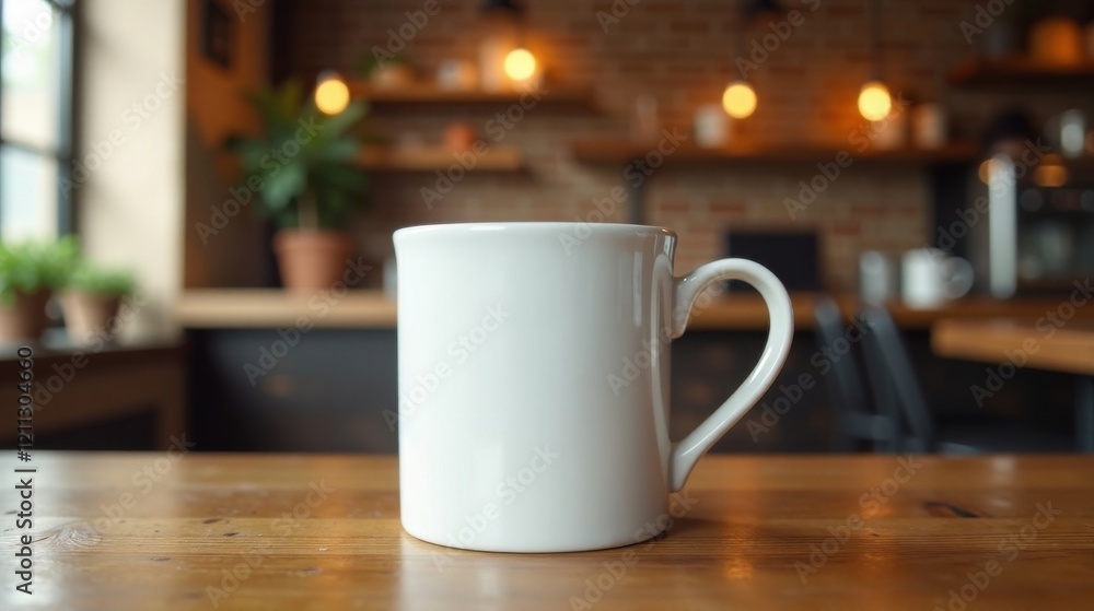 A simple white mug sits on a rustic wooden table in a warmly lit interior space, ready to be filled with a comforting beverage. A simple white mug sits on a rustic wooden table in a warmly lit interior space, ready to be filled with a comforting beverage.