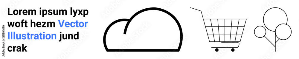 Cloud outline, shopping cart, and balloons next to placeholder text in sans serif font. Ideal for e-commerce, web design, marketing, cloud services, event planning, graphic design, minimalist themes Cloud outline, shopping cart, and balloons next to placeholder text in sans serif font. Ideal for e-commerce, web design, marketing, cloud services, event planning, graphic design, minimalist themes