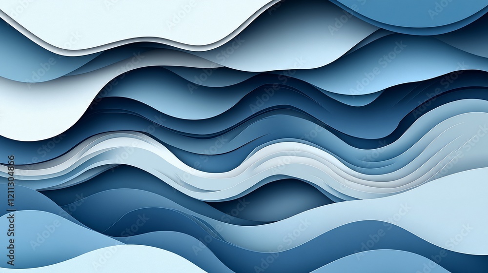 Abstract blue wavy paper cut layers background.
