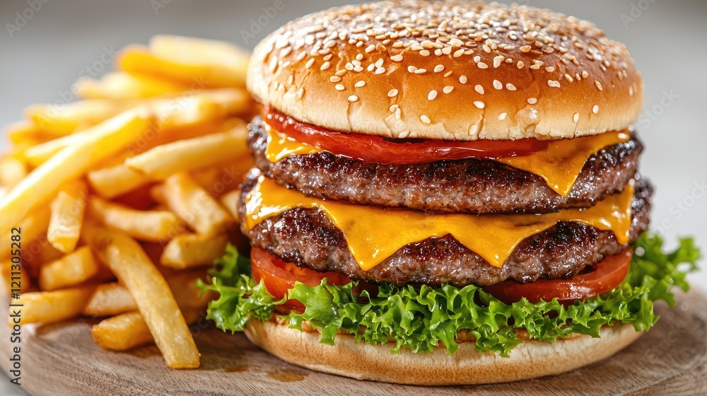 Double cheeseburger with fries on wooden board. Food photography for menu Double cheeseburger with fries on wooden board. Food photography for menu